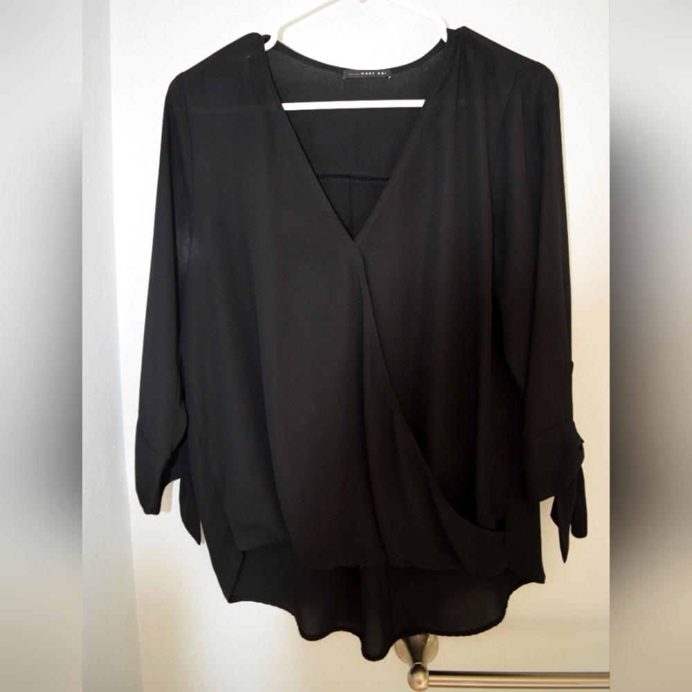 Black wrap front blouse